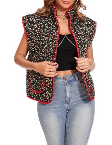 Women's Cropped Puffer Quilted Vest Cardigan Floral Printed Jacket Lightweight Open Front Short Padded Coats