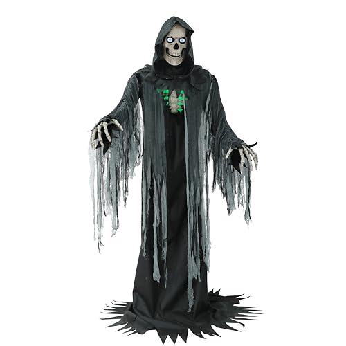 Haunted Hill Farm Motion-Activated 10-Ft. Tall Towering Reaper, Plug-in Talking Scare Prop Animatronic with Spooky Sound Effects and Lights for Indoor or Covered Outdoor Creepy Halloween Decoration