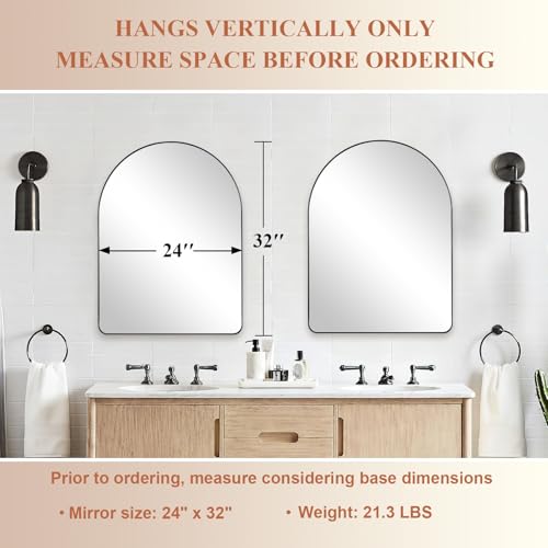Image of ANDY STAR Arched Mirror, 24 x 32 Inch Black Wall Mirror in Stainless Steel Metal Frame, Arch Top Rounded Corner 1 Inch Deep Set Design Wall Mount Hangs Vertical