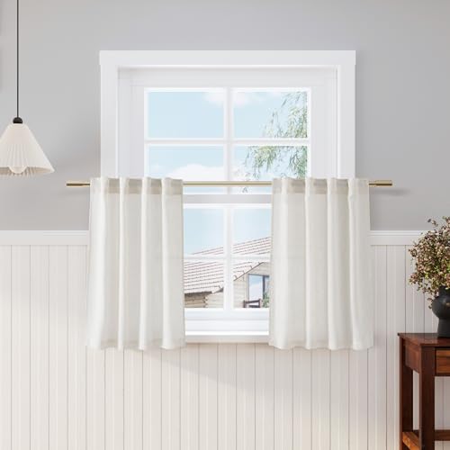 Nanspring Cream Linen Cafe Curtains 30 Inch Length Privacy Light Filtering Semi Sheer Front Door Small Window Curtains Back Tab Rod Pocket Short Curtain for Bathroom Kitchen Basement RV 26x30 Cream