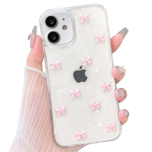 NITITOP Cover per iPhone 12/12 Pro Carina 3D Fiocco Trasparente con Paillettes Traslucida Glitter per Ragazze Femminile Anti Ingiallimento Custodia con Antiurto - Rosa Fiocco