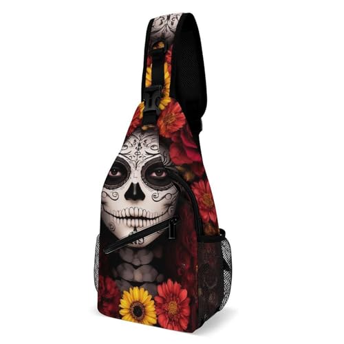 Men's Small Day Pack, Cross Body Sling Bag, Travel Hiking Fashion Chest Bag Mexican Day of The Dead Sugar Skull Floral Women Art