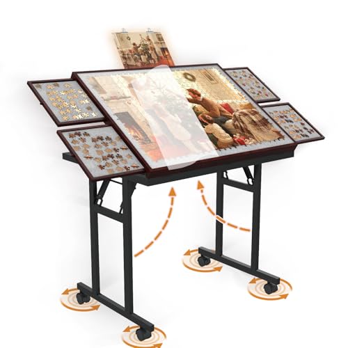Doerpuz Puzzle Table with Folding Legs, 1500 Pieces Puzzle Table for Adults with Drawers, Cover, Wheels, 5 Adjustable Up Angles Wooden Jigsaw Puzzle Board for All Ages