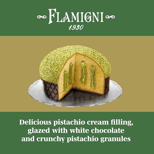 FLAMIGNI, Artisan Italian Panettone Gran Pistachio, 33 oz / 950 gr, Filled with Pistachio Cream, Glazed with White Chocolate and Crunchy Pistachio Grains, Special Box
