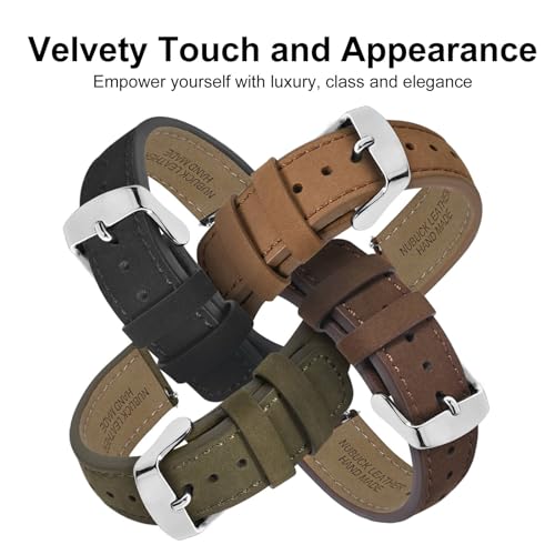 WOCCI 22mm Retro Leather Watch Strap for Men and Women, Quick Release Replacement Band with Silver Buckle (Black)