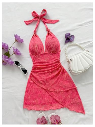 Image of SOLY HUX Women's Y2K Summer Beach Halter Mini Dress | Retro Floral Dress, V Neck, Backless, Club Nightout, Sexy Going Out Clothes, Birthday Dress