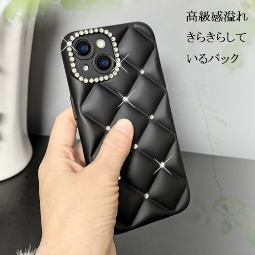 JOOBOY スマホケース 対応 iPhone 15 ケース かわいい キラキラ ブリンブリン 菱形 凹凸 ストーン ハードかばー 薄型 軽量 女性人気 キャラクター 滑り止め 指紋防止 ストラップホール付き 衝撃吸収 アイフォン15 携帯ケース (ブラック, iPhone 15)