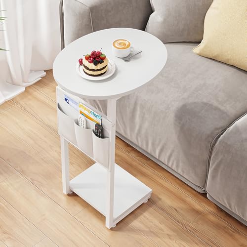 Vagusicc C Shaped End Table for Couch, Side Table for Couch, Small Couch Side Table for Small Spaces, Slide Under Sofa Table TV Tray with Metal Frame for Living Room, Bedroom (White)