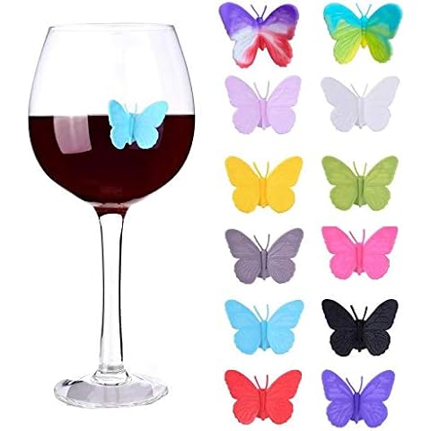 ALYC Wine Glass Charms Drink Markers Butterfly Glass Identifiers for Wine Tasting Party Favors Set of 12 Silicone Wine Glass Tag with Suction up Cover