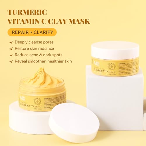 ANAI RUI Turmeric Vitamin C Clay Mask, Vitamin C Clay Facial Mask for Blackheads, Pores, Wrinkles, Fine Lines, Hydrating, Clarifying, Cleansing, Control Oil, 4.23 OZ