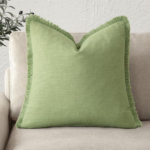 Image of Foindtower Decorative Linen Fringe Throw Pillow Covers Cozy Boho Farmhouse Cushion Cover with Tassels Soft Accent Pillowcase for Chair Sofa Bed Living Room Home Decor, 20x20 Inch,1PC,Lime Green