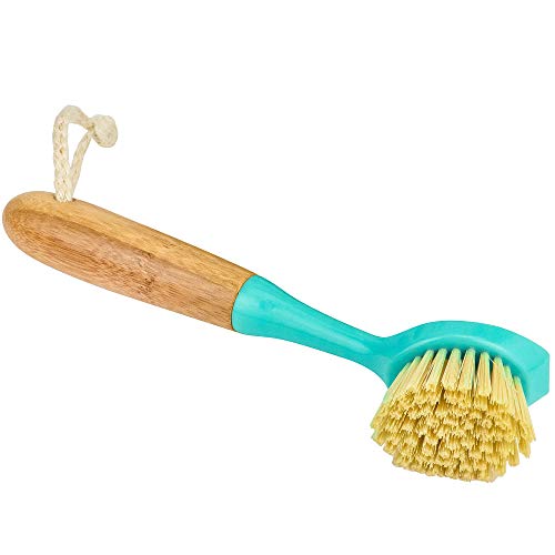 DecorRack 100% Natural Bamboo Dish Brush, Hand Brush with Wood Handle and Stiff Bristles, Ecofriendly Scrubber, Ideal for Cleaning Dishes, Blue, (1 Pack)