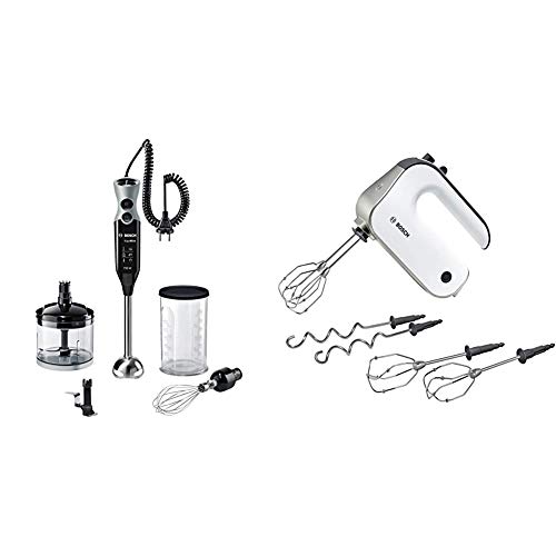 Bosch MSM67170 ErgoMixx Stabmixer-Set (Edelstahl-Mixfuß, Mixbecher, 12 Geschwindigkeitsstufen, 750 Watt) schwarz/grau & MFQ4835DE Styline, Premium-Handrührer, 2 Paar Rührbesen, 575 W, Edelstahl, weiß
