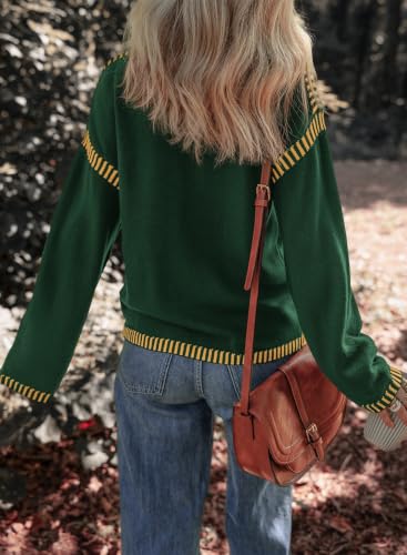 Image of Dokotoo Sweaters for Women Crewneck Long Sleeve Contrast Cable Knit Tops | Early Fall Fashion, Solid Loose Fit Pullover Sweaters, Oversized Stitching Fall Clothes Outfits, Winter Clothing for Women