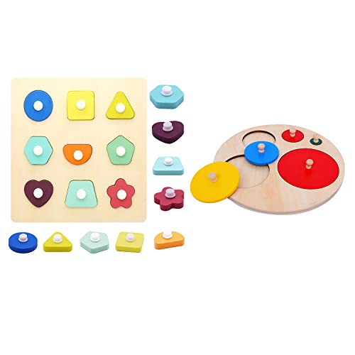 Wooden Preschool Shapes Puzzle & Montessori Toy First Shape Peg Puzzles Baby Puzzle 6-12-18 Months Knob Wooden Picture Puzzle For Toddlers 1-3 Toy For Kids Size Matching Sorting Shape Color Sorter Toy #TOP11