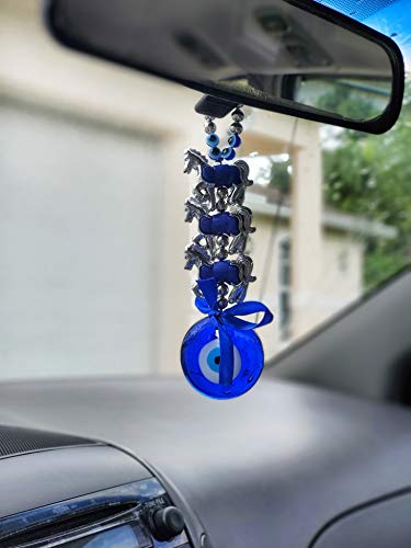 LUCKBOOSTIUM Lucky Triple Horse Charms with Blue Blue Glass Evil Eye Hanging Ornament - Give Protection & Blessing - Sign of Strength & Power - Home & Car Rear View Mirror Hanging Accessories3