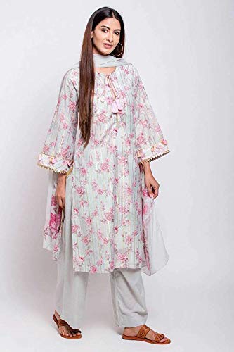 Biba Synthetic Women Printed Straight Salwar Kurta Dupatta(Skdrosette 6789_Gray_36) 1