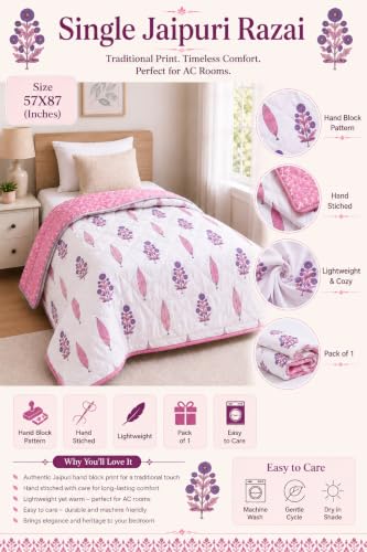 Image of RRC White Green Floral Jaipuri Rajai | Cotton Single Bed Comforter | Lightweight 200 GSM AC Quilt | Soft Summer Quilt for Home | Pack of 1