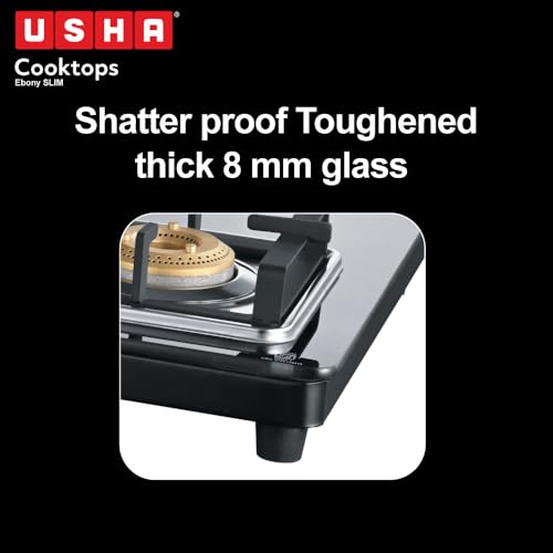 Image of USHA Ebony Slim 3 burner (EBSL3SGC) with stainless steel body, glass cooktop, large space for parallel cooking, square pan support and integrated drip tray