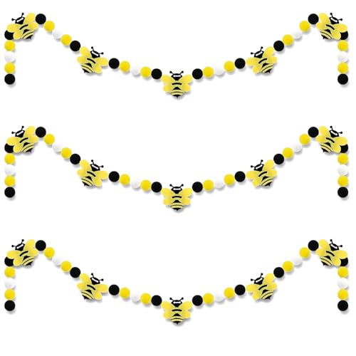 Image of 3 Pcs Honey Bee Decorations Bee Felt Garlands Pre-Strung Hanging Banner Bees Pom Pom Happy Bee's Day Party Supplies for Baby Shower Birthday Party