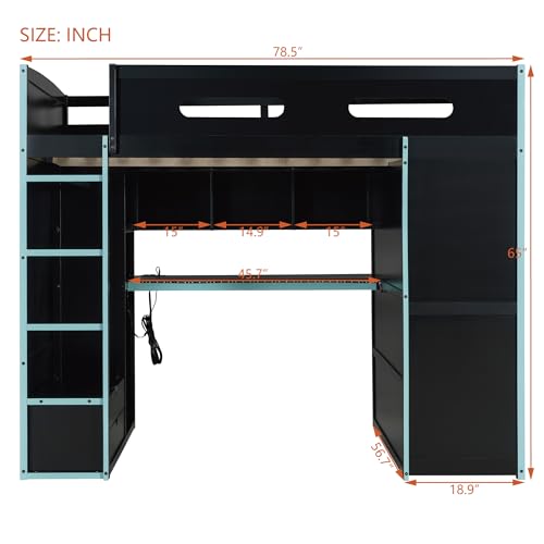 Image of Harper & Bright Designs Full Size Loft Bed with Desk, Wardrobe, Ample Storage Space, Solid Wood Gaming Loft Bunk Bed Frame with RGB Lights, No Box Spring Need, Space-Saving, Cloud Blue