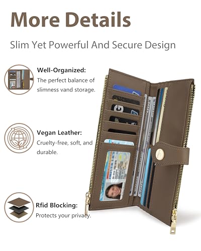 Image of Gray Women's Slim Wallet,Thin RFID Card Holder with Zipper Pocket | 12 Slot Wallet Organizer, Large Capacity, Vegan Leather, Coin Purse, Cash Compartment, Travel Wallet, Women Gift