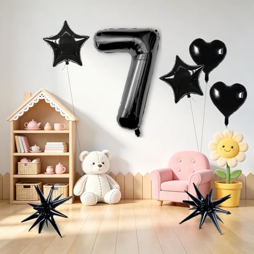 Image of TONIFUL 7th Birthday Balloons Kit 40 Inch Black Large Number 7 Foil Balloon | with 18Inch Helium Mylar Heart Star Balloons for Kids Women Men Birthday Anniversary Graduation New Year Eve Party Decoration