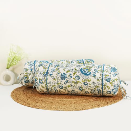 Image of AURAVE Cotton Printed Floral Bolster Cover with Drawstring Closure, Set of 2, Soft Breathable Durable Machine Washable for Sofa Bed & Home Decor, 15 inchx30 inch, Blue | Cover Only