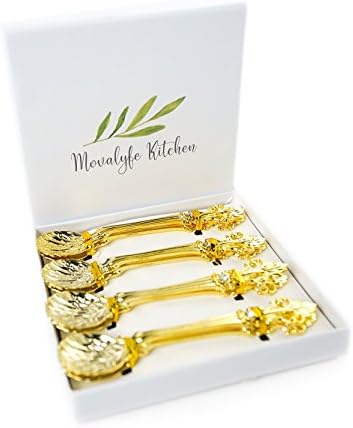 Mini Spoons Set of 8 by Movalyfe Kitchen - Coffee Espresso Demitasse Vintage Tea Spoon 4.5" Long (Gold)