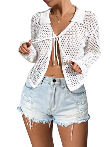 Image of Womens Tie Front Crochet Cardigan Sweaters Lightweight Hollow Out Beach Cover Up Long Sleeve Collared Summer Shrug
