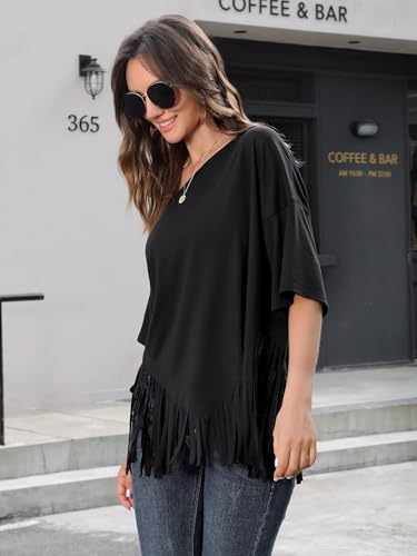 MYMORE Women's Off The Shoulder Fringe Tops Oversized T-Shirt Short Sleeve Western Cowgirl Cowboy Top Country Concert Outfit3
