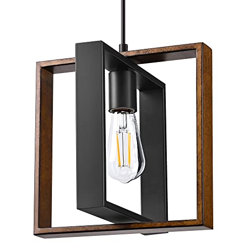 EDISHINE Farmhouse Pendant Light Fixture, Rustic Hanging Light Fixture with Wood Grain and Black...