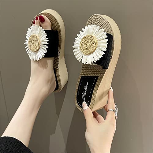 Ladies Summer Fashion Flowers Fresh Thick Sole Wedge Holiday Beach Outside Wear Slippers 2 Strap Sandals Women Cute (Black, 6.5)4