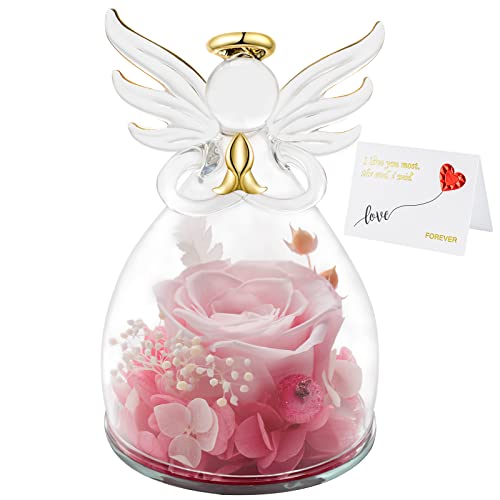 Yamonic Preserved Real Rose in Glass Angel Figurines, Handmade Flower Angel Gifts for Women, Mom, Friends on Valentine's Day, Mother's Day, Thanksgiving Day, Christmas Day - Pink