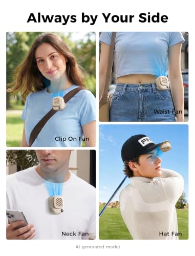 Image of Aecooly Magnetic Clip On Fan, Mini Portable Neck Fan, Mighty Waist Fans, Light Hat Fans, Hands Free USB Rechargeable [10H Max Cooling Time], Personal Battery Powered for Travel, Gifts for Women -Beige