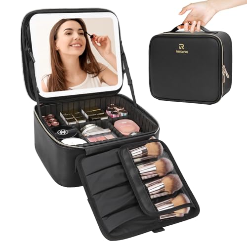 Travel Makeup Bag with LED Mirror-3 Colors Modes Portable Makeup Organiser with Adjustable Dividers Compartment Light Up Vanity Case Makeup Storage for Women with Makeup Accessories