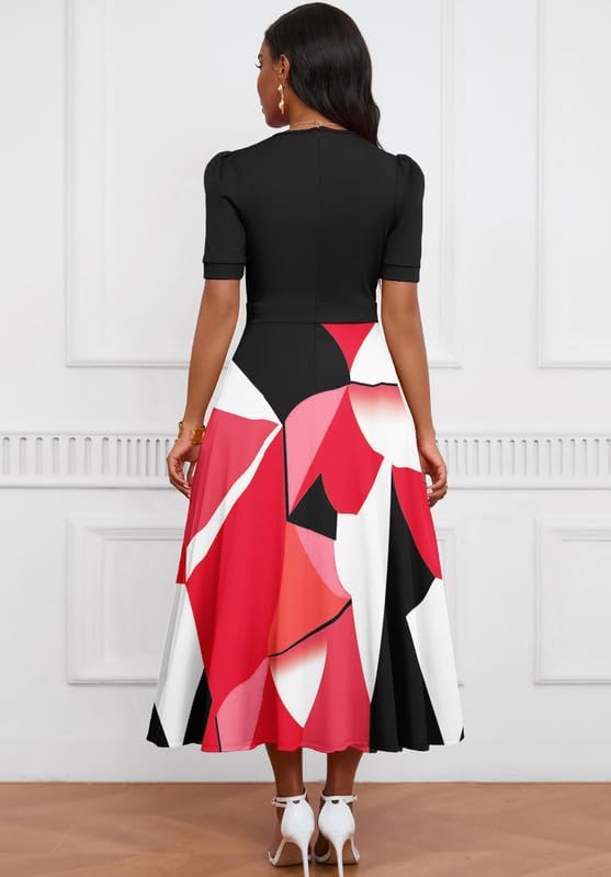 Image of MarryUP Women's Midi Dresses - V Neck Cocktail & Church Tea Dresses - Short Sleeve A-Line Swing Dress