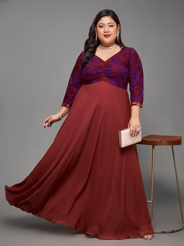 Image of Miss Chase A+ Women's Floral Printed Relaxed Fit V -Neck 3 /4Th Sleeve Georgette Maxi Dress