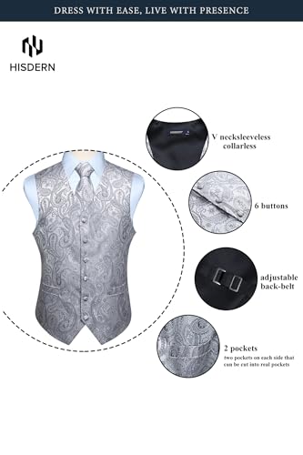 Image of HISDERN Mens Vest Tie Set 3PC Formal Waistcoat Paisley Floral Jacquard Necktie Pocket Square Suit Vests Wedding Party