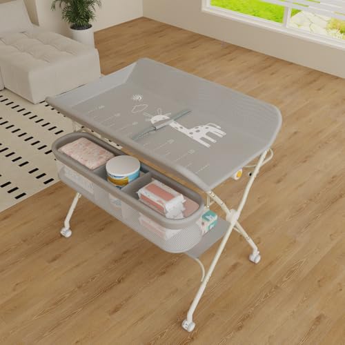 Table à Langer, Pliable, Réglable en Hauteur, Jusqu'à 15 kg, 0-36 Mois, Organiseur de Couches, 5 niveaux réglables, panier de rangement à suspendre pour nouveau-né, 75 * 68 * 83-91cm (A) Gris