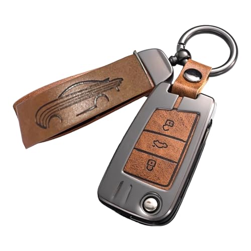 Image of Zinc Metal Alloy Leather Car Key Cover & Case Brown with Keychain & Holder Compatible for VW Taiguan, Virtus, Tiguan, T-ROC, Jetta (3 Button Flip Key New)