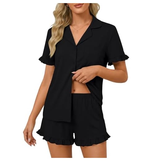 LYANER- Conjunto de pijama feminino com botões, decote em V, manga curta, babados, top com shorts, roupa de dormir, preto, pequeno