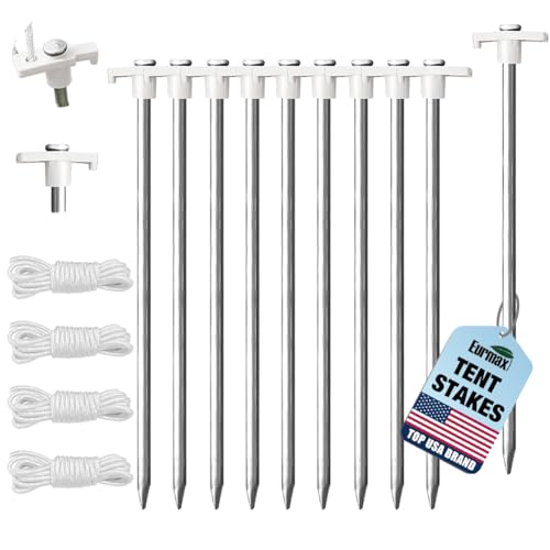 Image of Eurmax USA 10-Pack Secure Protection Galvanized Tent Stakes,Rust-Proof Steel Canopy Anchors for High Winds,Heavy Duty Commercial Ground Pegs for Camping,Pop Up Tents&Gazebos - Includes 4x10ft Ropes