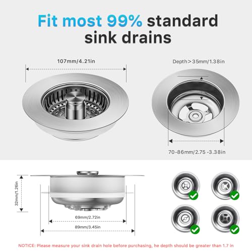 1S-Install Upgraded Kitchen Sink Strainer & Stopper – Pop-Up Fast Drain, Anti-Clog Basket & Deodorizing Cover – Fits US Standard 3.5 in Drain, 3 in 1 Stainless Steel Sink Drain Strainer