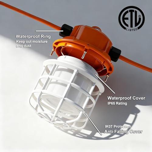 NS 100FT Construction String Lights 150W LED Industrial Grade 15000LM 5000K IP65 Linkable for Construction Sites, Temporary Work, Renovation, Jobsite,All Outdoor Lighting, with 10 Bulbs and Hook