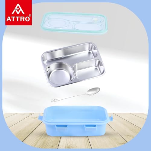 Image of ATTRO Lunch Pro Deluxe 3 Lunch Box with Detachable Inner Steel Compartments, Spoon, one Small Container, Heating Water Insulation Design, Foodgrade, Leakproof-750ml Blue