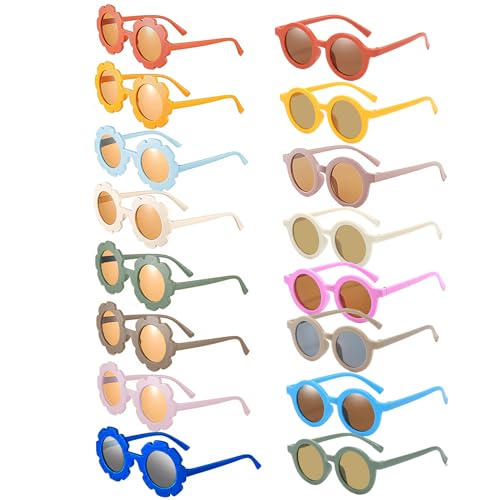 AstraLoom 16 Pieces Kids Round Flower Sunglasses Bulk Pack, Cute Sunglasses for Girls & Boys Age 3-9, Colorful Party , Beach Eyewear & Outdoor Activities