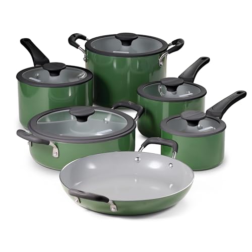 Image of Tramontina Ceramic Non Stick 11-Piece Nesting Pots and Pans Set - Green