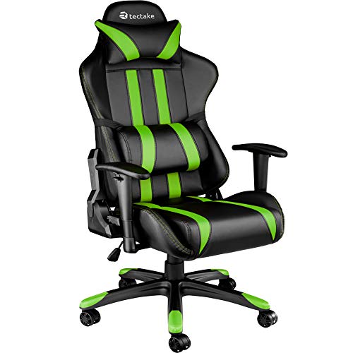 TecTake® Silla Gamer, Silla Gaming de Escritorio, Silla de Oficina Ajustable, Sillon Gaming con Respaldo Reclinable, Silla Ergonómica con Reposabrazos y Cojín Lumbar, Piel Sintética - Negro/Verde