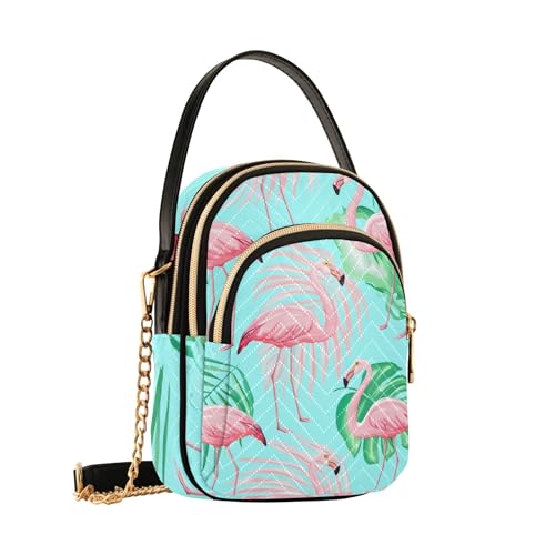 Women Shoulder Purses Prints Cell Phone Wallet Chain Purse Quilted Zipper Satchel Crossbody Tote Pink Flamingos Green Leaves Blue2